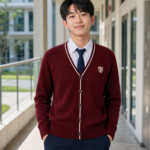 Nam sinh trung học mặc Áo Len Cardigan Cài Nút màu maroon tại hành lang trường.
