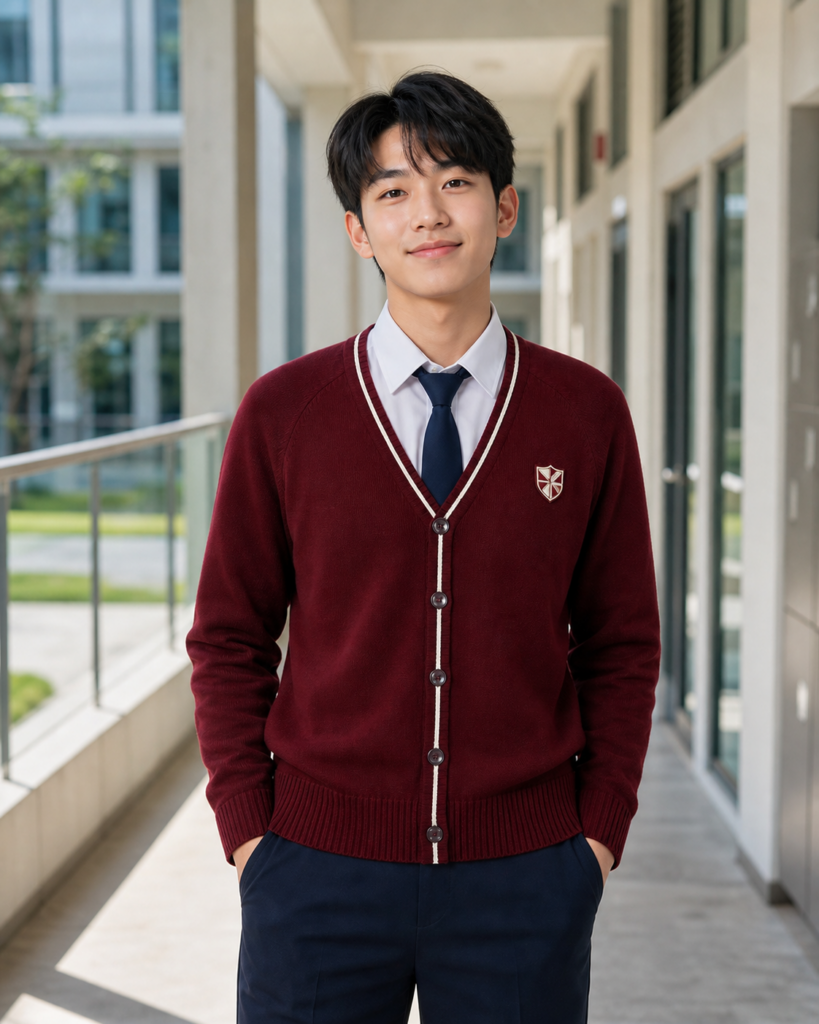 Nam sinh trung học mặc Áo Len Cardigan Cài Nút màu maroon tại hành lang trường.