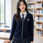 Nữ sinh trung học mặc Áo Len Cardigan Cài Nút màu navy trong thư viện trường.