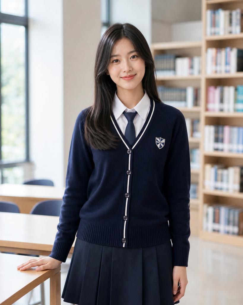 Nữ sinh trung học mặc Áo Len Cardigan Cài Nút màu navy trong thư viện trường.