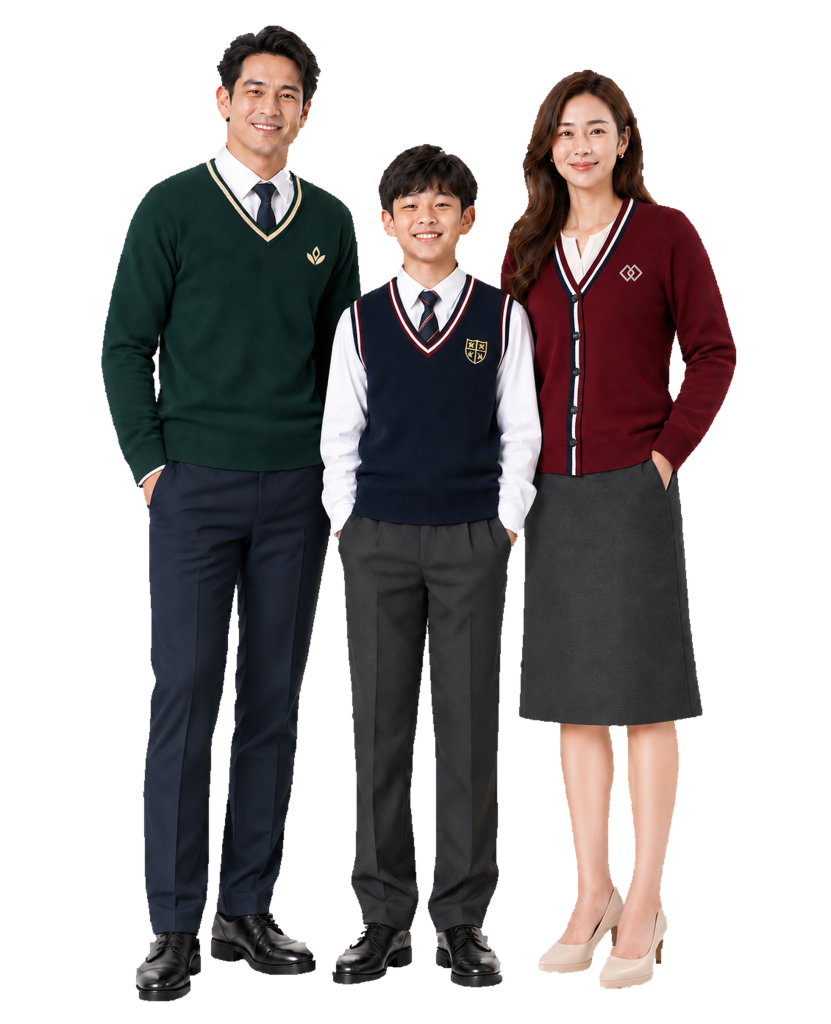Nam mặc áo len cổ V xanh rừng, nam sinh mặc Gile navy và nữ mặc Cardigan burgundy phối chân váy xám dưới gối.