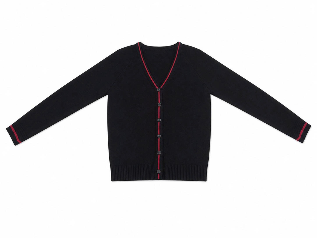 Áo Len Cardigan Cài Nút đặt phẳng với hai tay duỗi thẳng, minh họa các vị trí đo.