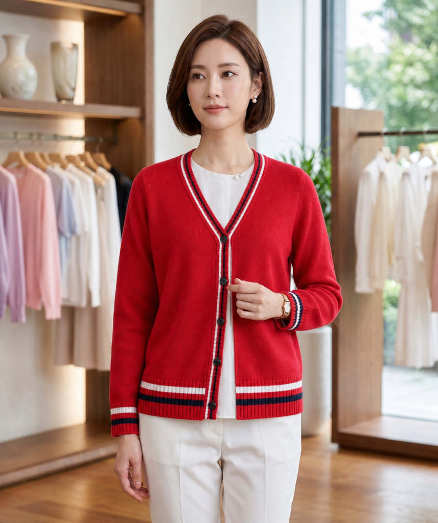 Nữ người mẫu mặc Cardigan đỏ phối sọc ở nẹp, gấu tay và gấu thân, dùng minh họa đơn hàng MTO.