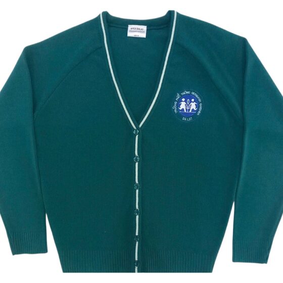 Áo cardigan len xanh rêu cài nút, thêu logo ngực