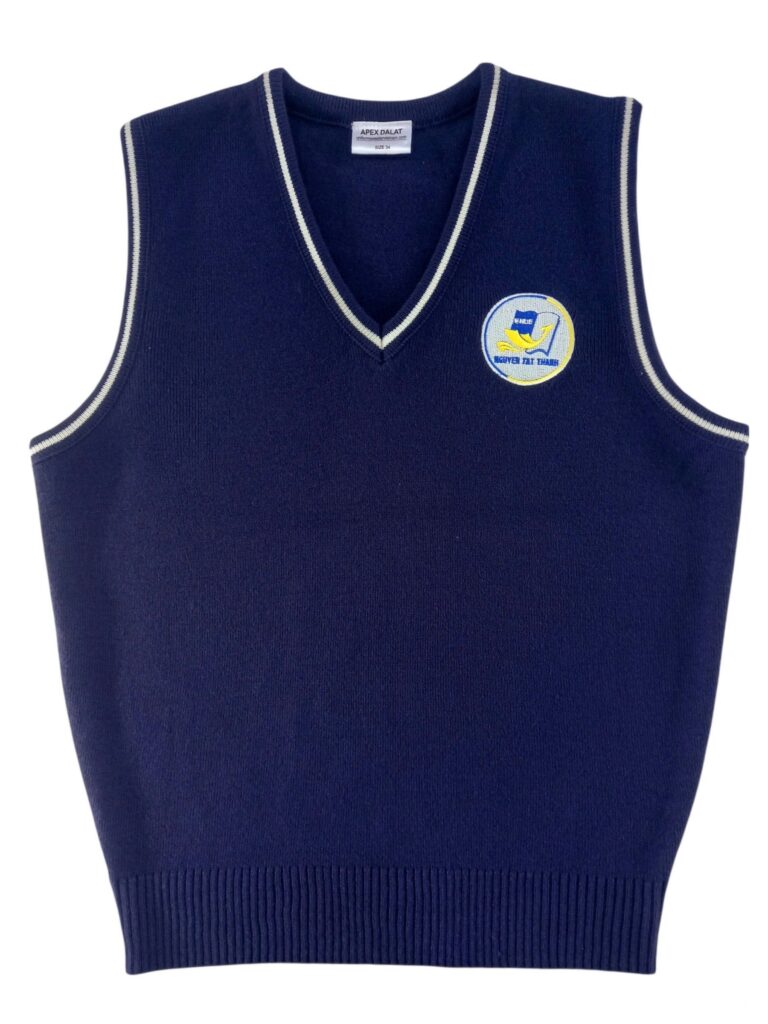 Áo gile len xanh navy viền trắng, thêu logo trường